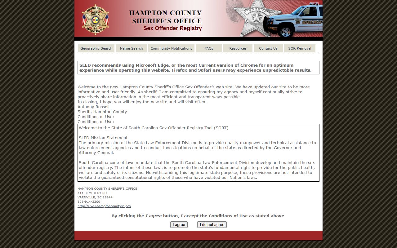 Hampton County arrest records SLED sex offender registry