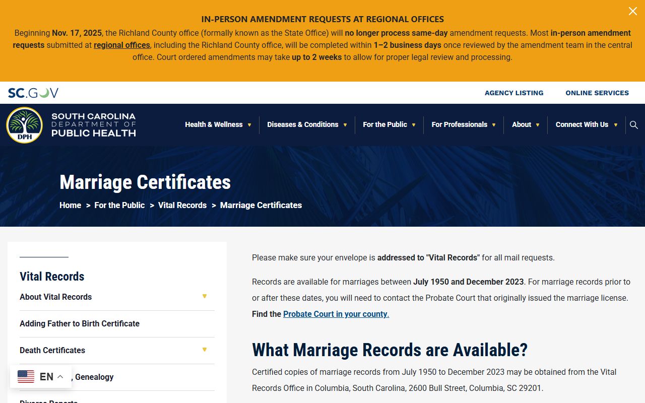 Hampton County marriage records certificate information from South Carolina DPH