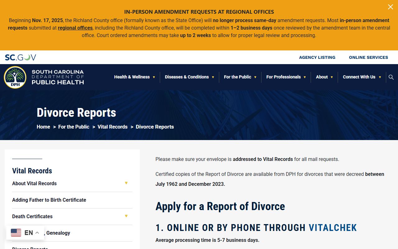 Hampton County divorce records report access through South Carolina DPH