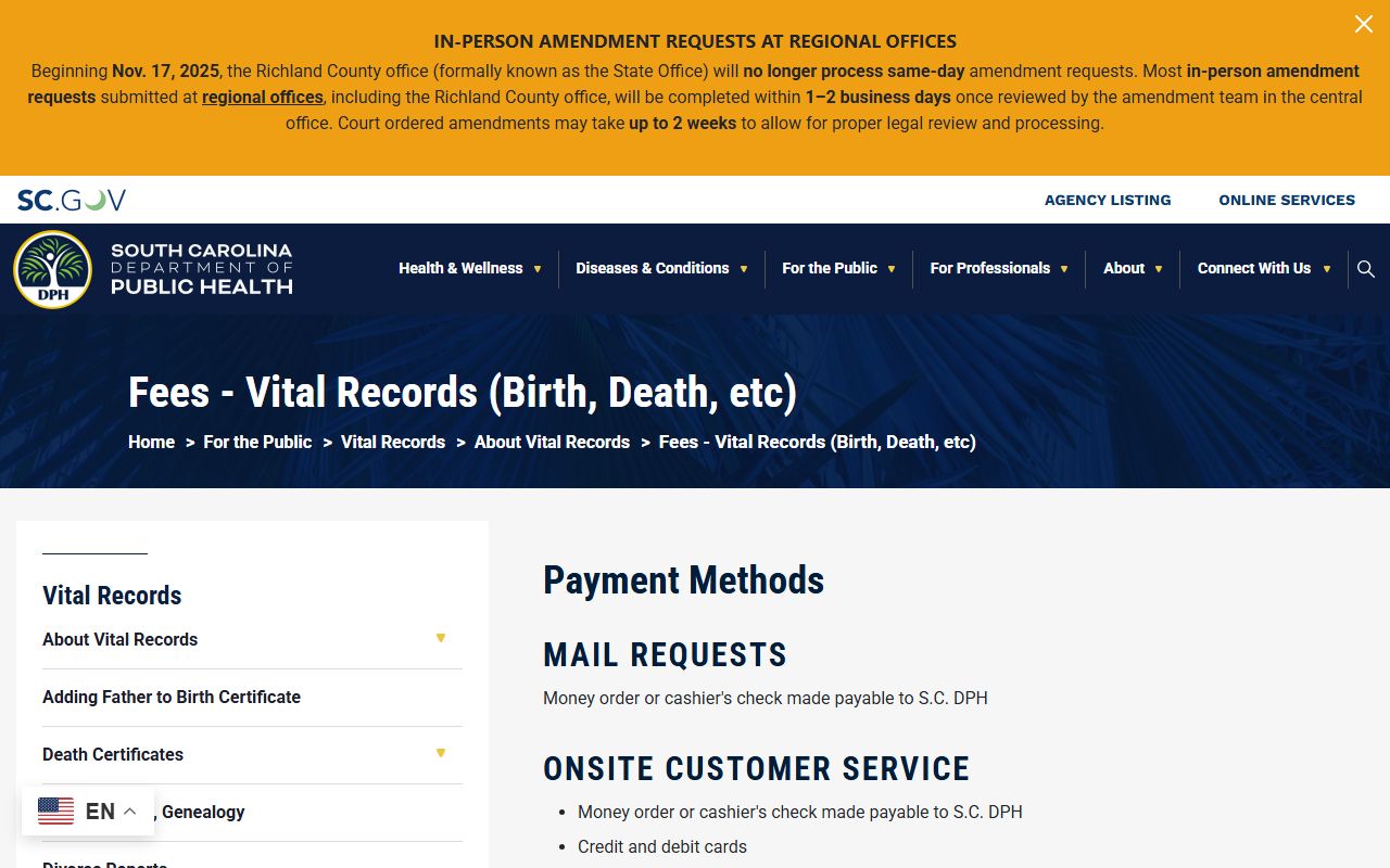 Hampton County marriage and divorce records fees from South Carolina DPH