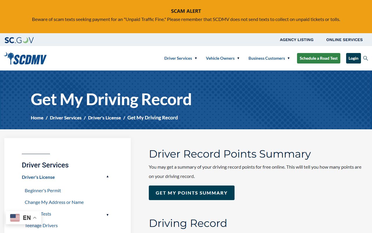 Hampton County traffic court records SCDMV driving record page