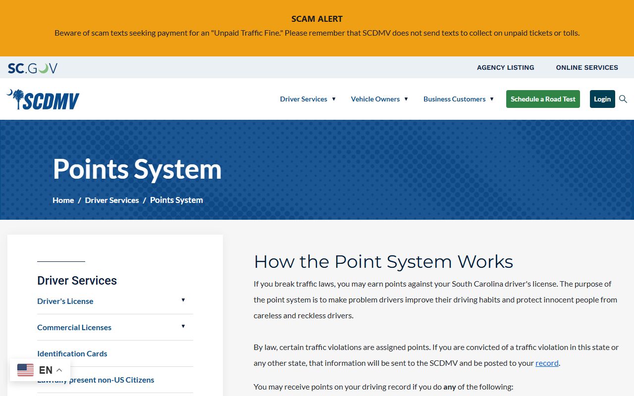 Hampton County traffic court records SCDMV points system